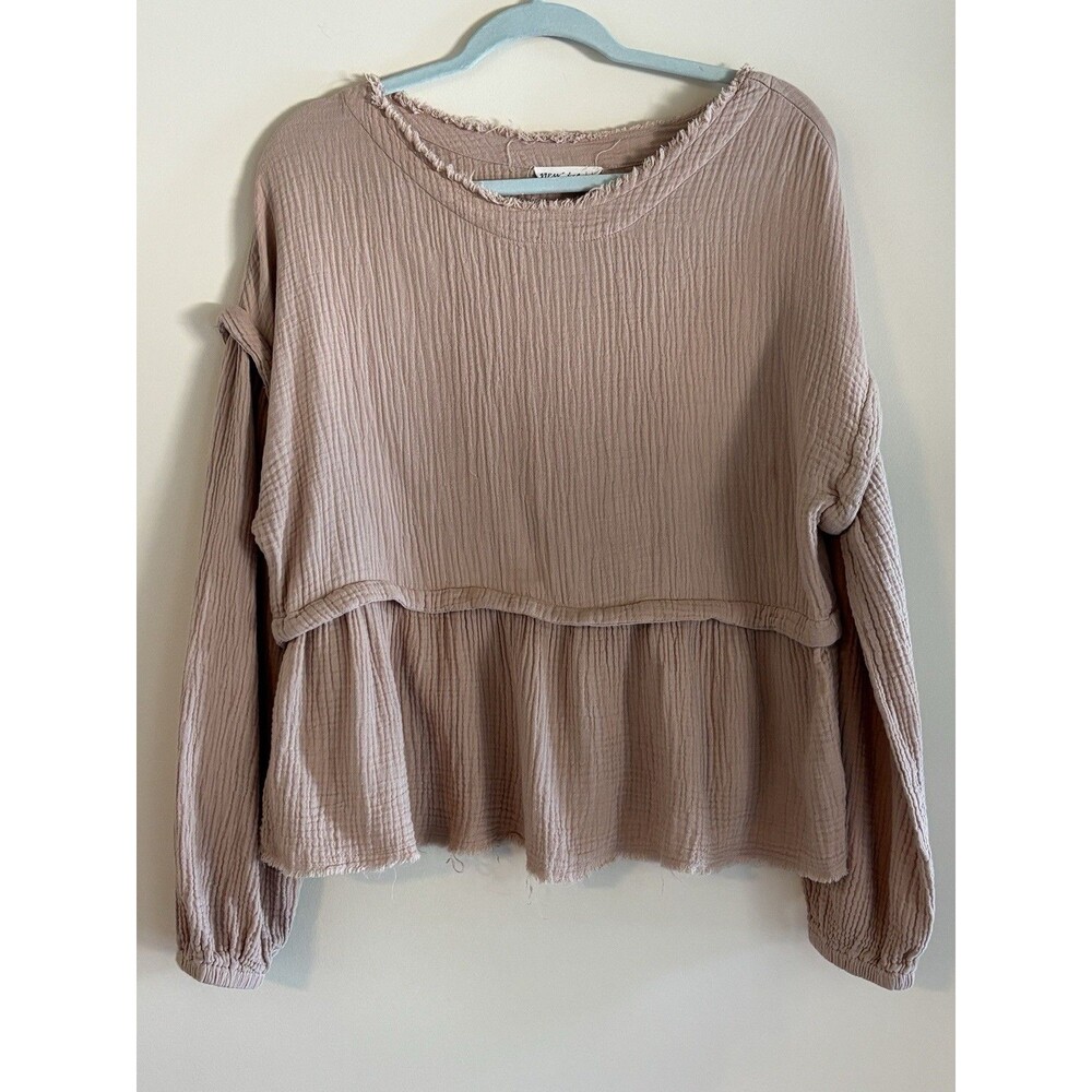New In Womens L Cotton Gauze Top Blush Pink Boho Tiered Raw Hem Oversized